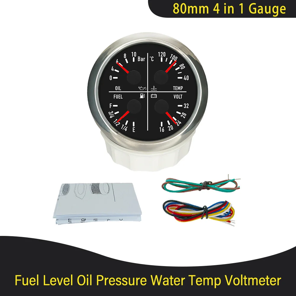 Waterproof 80mm 4 in 1 Multifunction Gauge Oil Pressure Water Temp Fuel Level Voltmeter with Backlight for Car Limousine 12V 24V