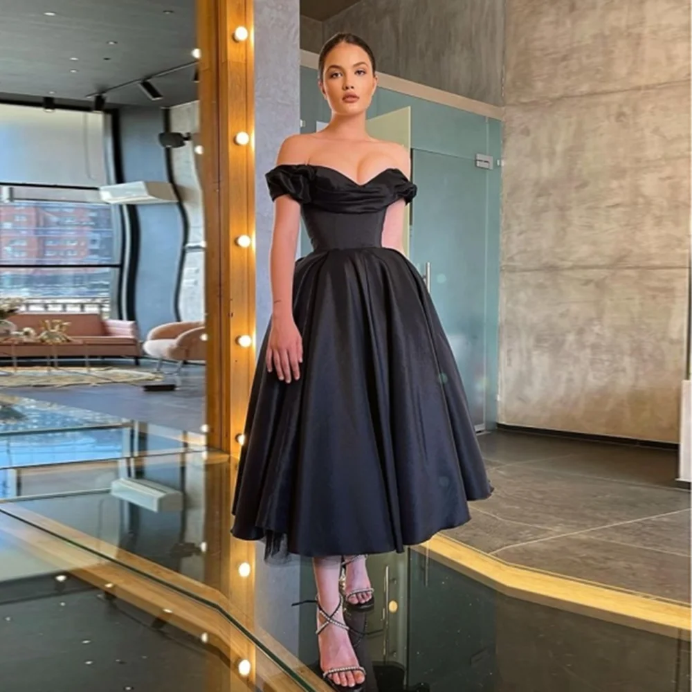 

Simple Off the Shoulder Satin Solid Pleated Formal Evening Dress A-line Bakless Tea-Length Evening Party Gown vestidos de festa