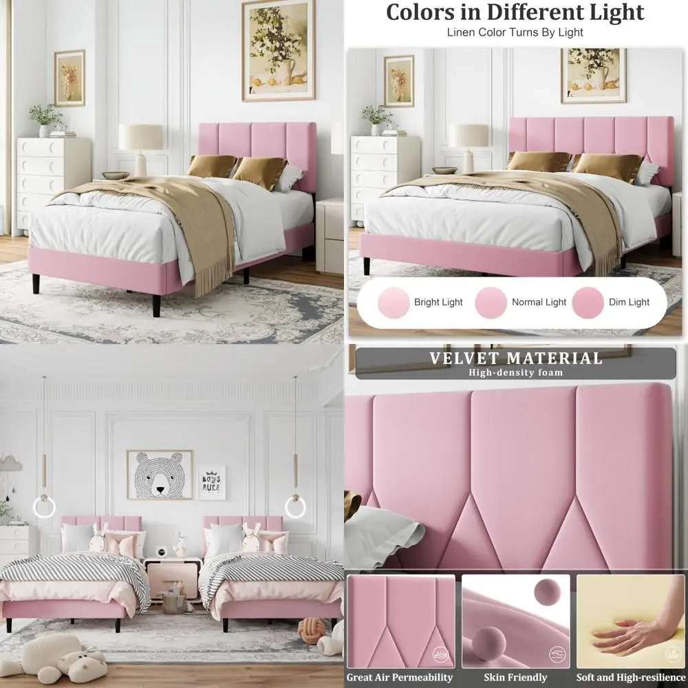 

Twin Platform Bed with Velvet-Covered Headboard and Solid Wood Mattress Foundation