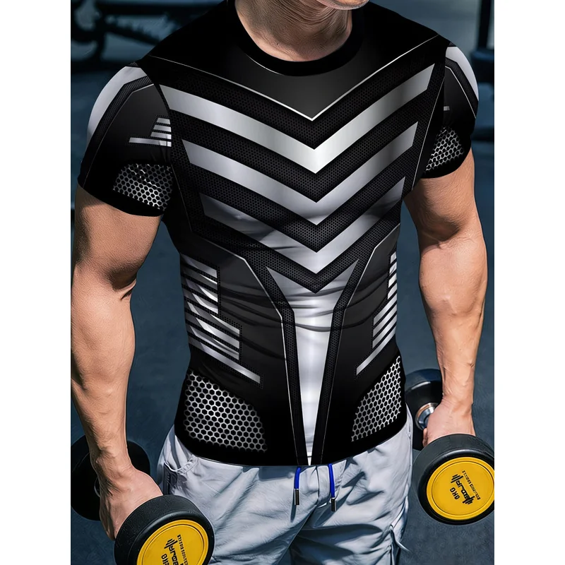 Print Design Men'S Silver Armor Functional Training Base Layer Short Sleeve Crew Neck T Shirt Breathable Fitness Casual Sportswe