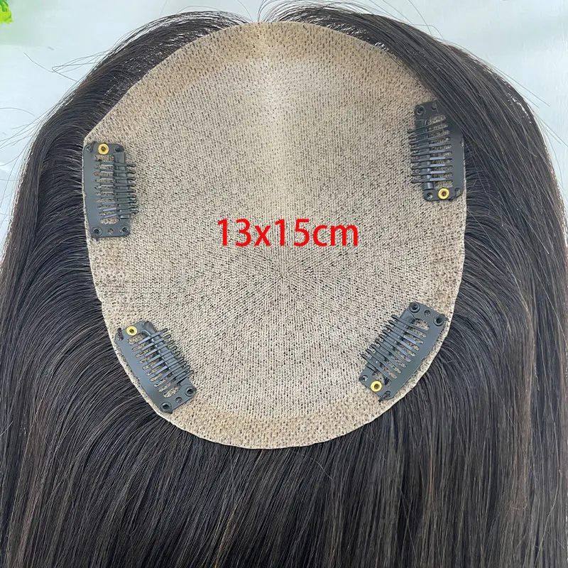 Klip di sutra dasar penutup rambut untuk wanita bagian tengah ujung lurus rambut manusia klip tipis di atas hiasan rambut warna alami 13x15cm