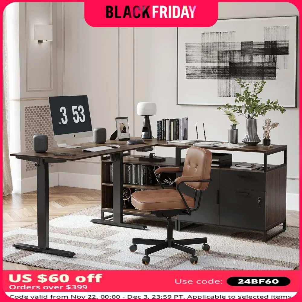 66 Inch Executive L Shaped Standing Desk with 2-Drawer File Cabinet, Electric Height Adjustable Stand up Desk,Wood Computer Desk