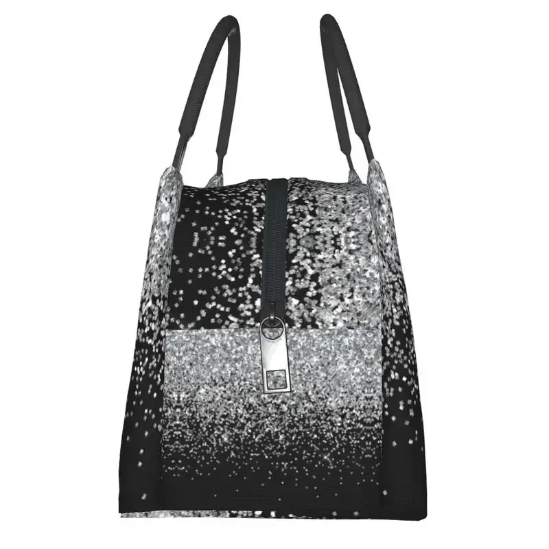 Borsa tote per il pranzo isolata scintillante di lusso con glitter argento per le donne Borsa termica portatile per il pranzo al sacco da lavoro