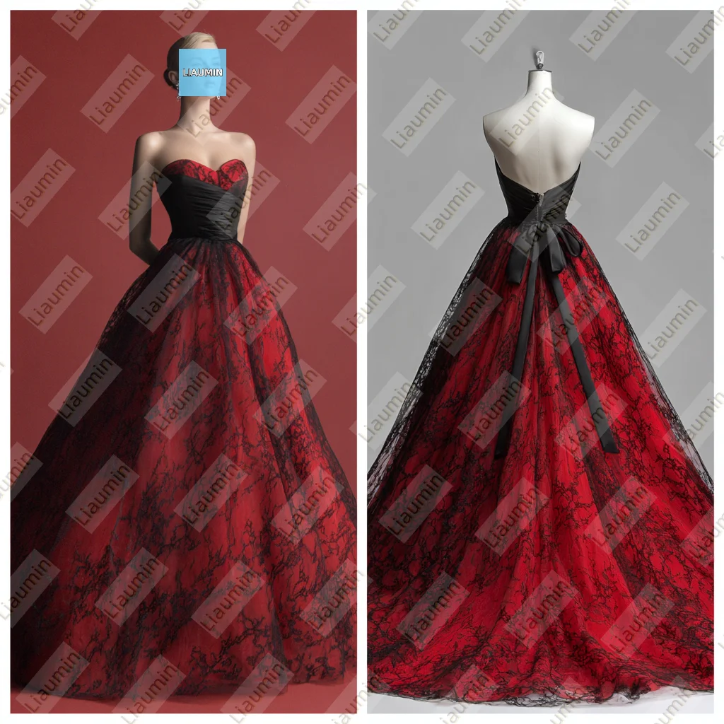 

Red and Black Lace Applique Strapless Floor Length Evening Prom Wedding Formal Dress Lace-up Back Customized Hand Made A7-1.80