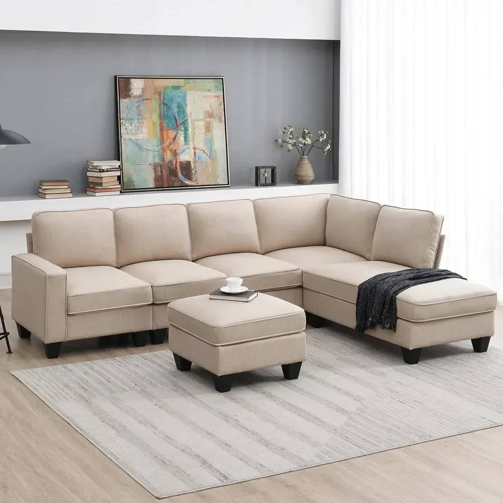 

Modern L-Shaped Sectional Sofa,7-seat Linen Fabric Couch Set with Chaise Lounge and Convertible Ottoman for Living Room