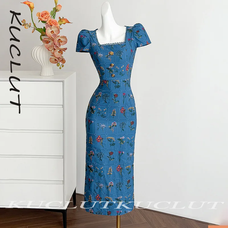 

KUCLUT 2025 Fashion New Women's Floral Embroidery Short Sleeve Dress Elegant Square Neck Mid-calf Dresses Female Trendy K88