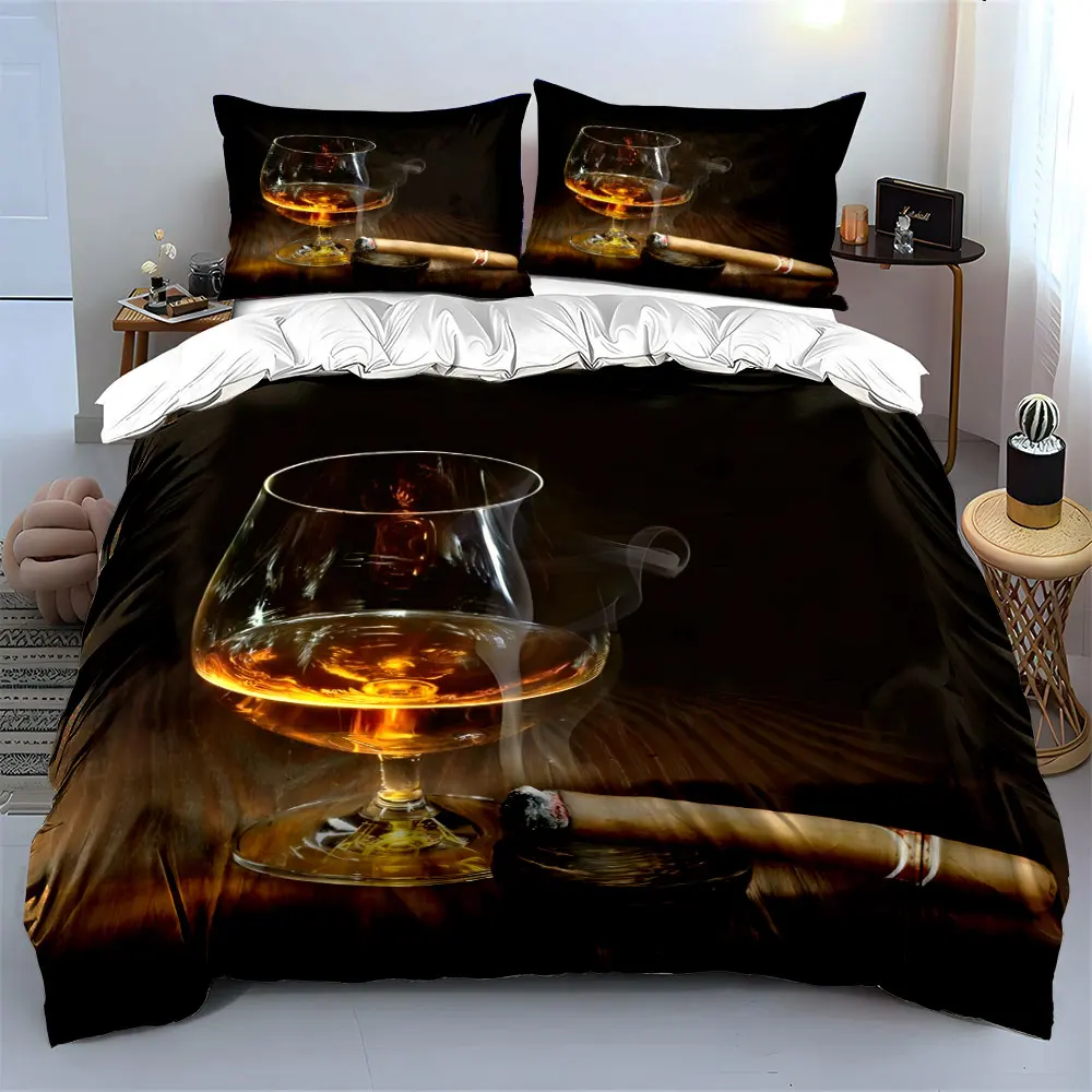 Glass with Burning Cigar Print Soft Comfortable Duvet Cover Bedding Set Included 1*Duvet Cover  2*Pillowcases Luxury Gift