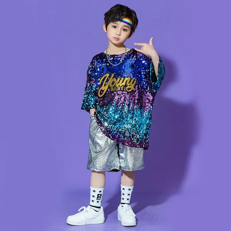 Boys' Jazz Dance Costumes Drum Sets Performance Clothes Summer Silver Sequined T-shirt Singer Rehearsal  Glitter Costume