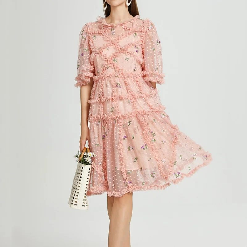 

Summer New Round Neck Mesh Printed Ruffles Patchwork Floral Dress Puff Short Sleeve High Waist Beach Holiday Women's Clothing