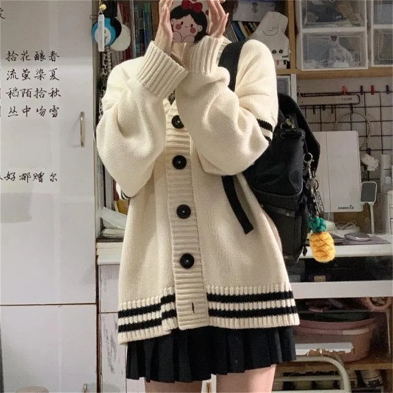 Cardigan Sweater Women Button V Neck Loose Sweater Coats Thick Striped Spliced Full Sleeve Jumpsuit Casual Autumn Winter