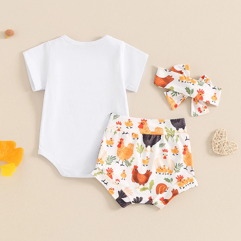 

Newborn Baby Girl Farm Outfit Little Nugget Short Sleeve Romper Tops Chicken Shorts Set Cute Baby Clothes