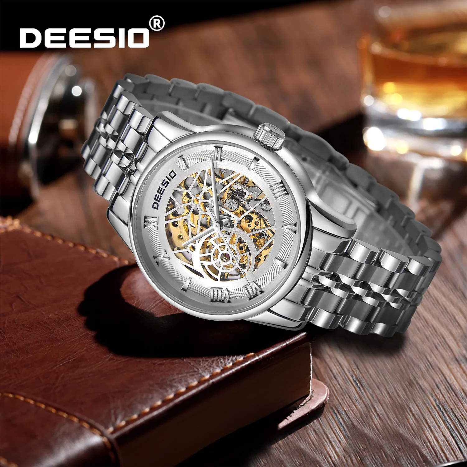 

Deesio мужские автоматические часы со скелетом с автоподзаводом, деловые механические наручные часы, водонепроницаемые винтажные мужские роскошные часы в стиле стимпанк