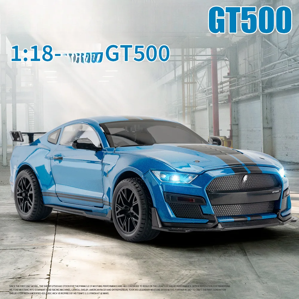 1:18 Mustang GT500 Alloy Cars Diecast Models Toys Doors Opened with Sound Light Pull Back Vehices Birthday Present