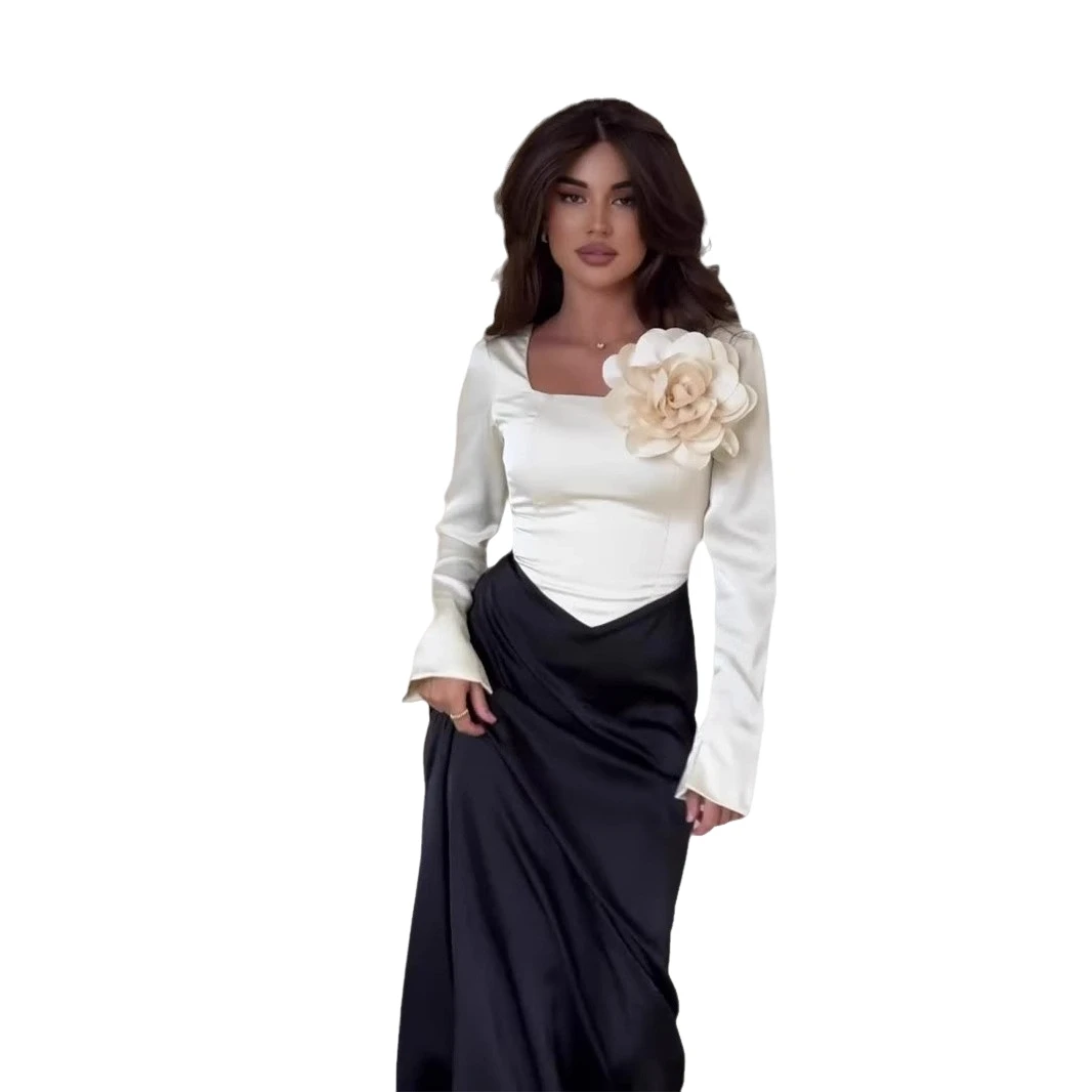 Herbst 2022, lang, Satin, schmal, Spleißfarbe, Blo Flower Accory, Dr. Ele Sle, plissiert, mittlere Taille, Polyesterfaser, Blase...