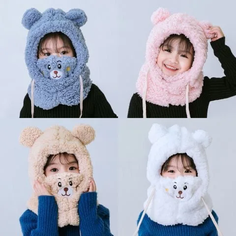 Children\'s Bear Hat Winter Warm Windproof Ear Protection Hat Mask Neck Scarf Male and Female Baby Plush Hat Parent-child