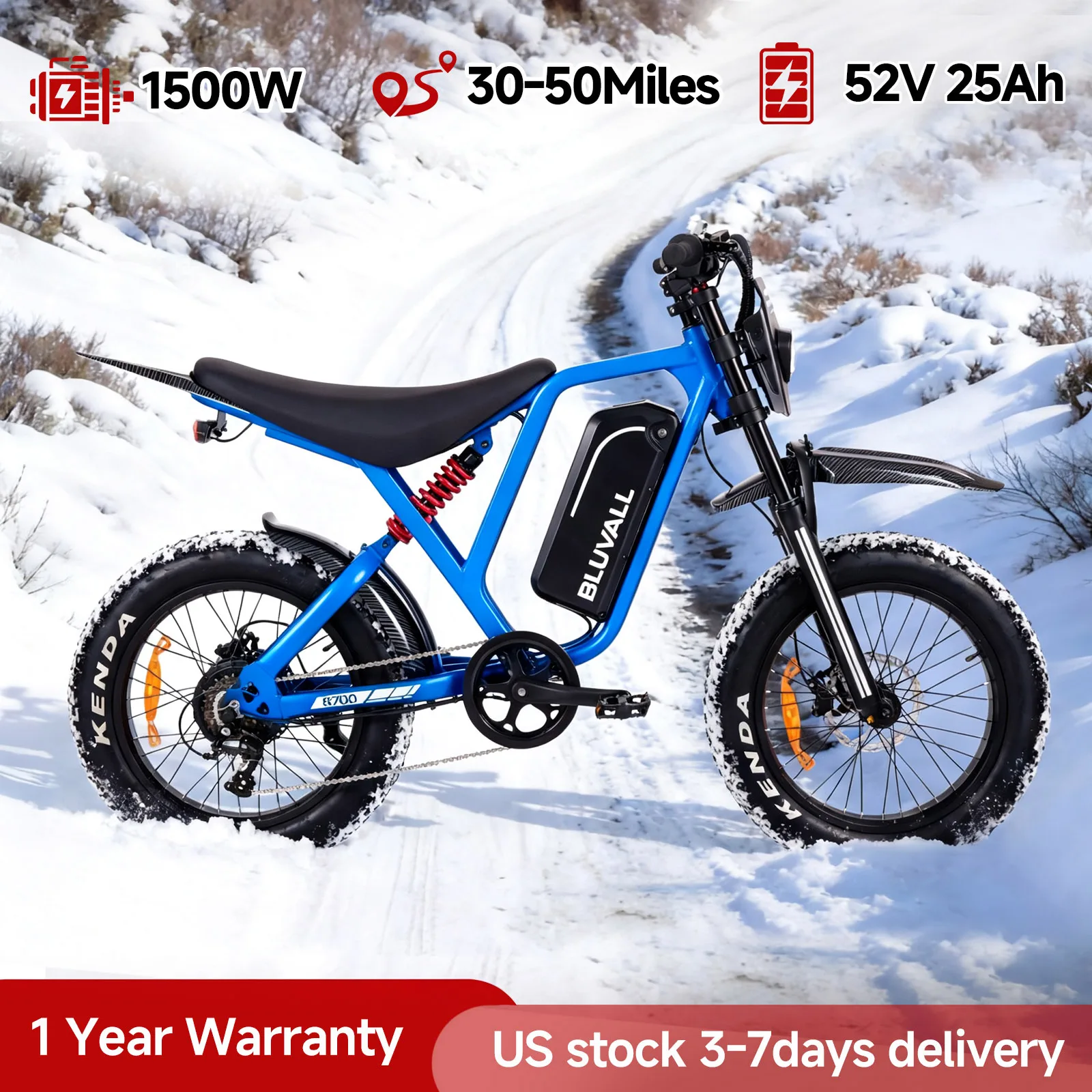 

R700 Electric Bike 1500W Motor 52V 25Ah 35MPH Fast E-Bike 20"×4.0 All Terrain Fat Tire Full Suspension Electric Mountain Bikes