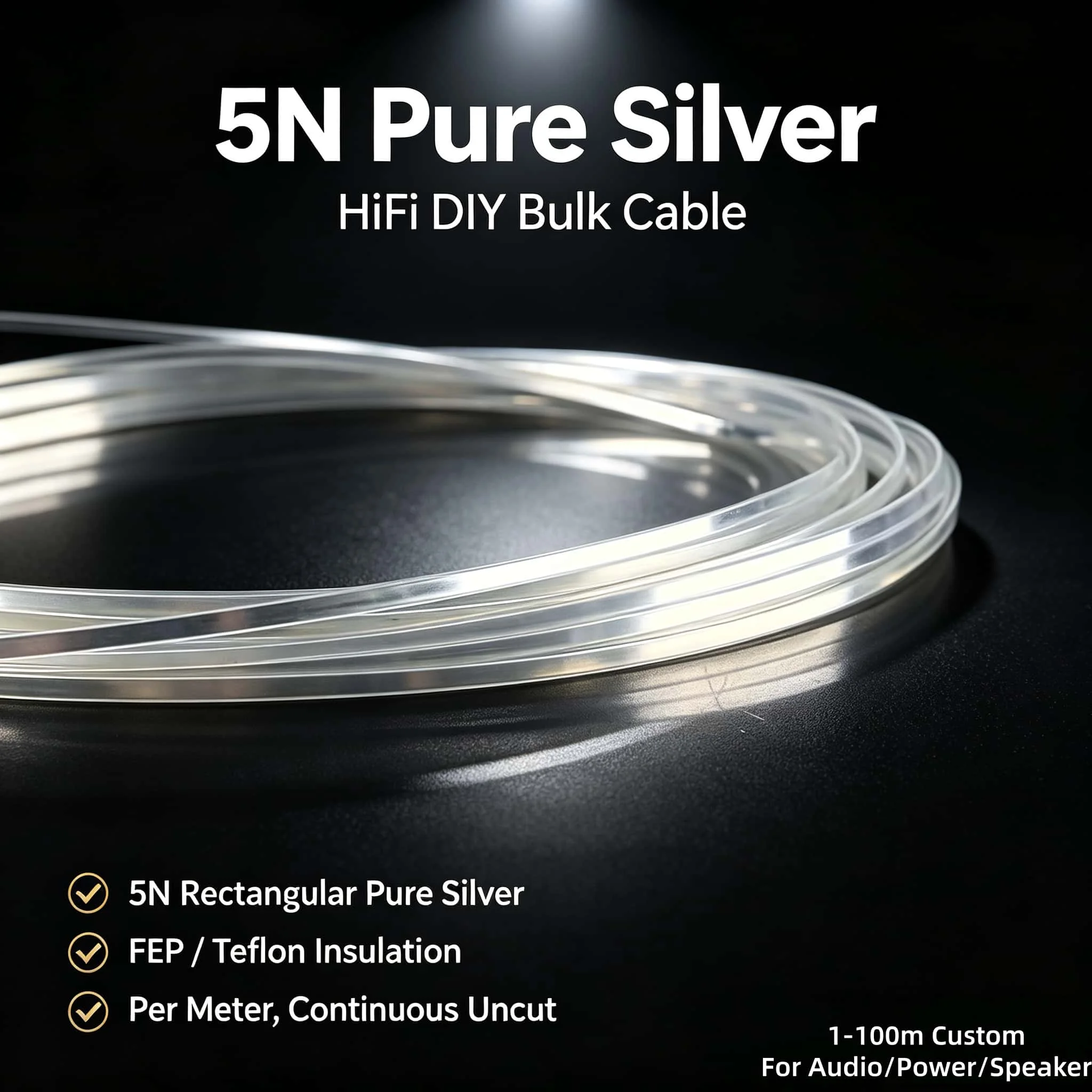 5N Pure Solid Silver Wire FEP Insulated Single Core HIFI Audio Hookup Wire by Meter DIY Internal Signal Cable for DAC Amplifier
