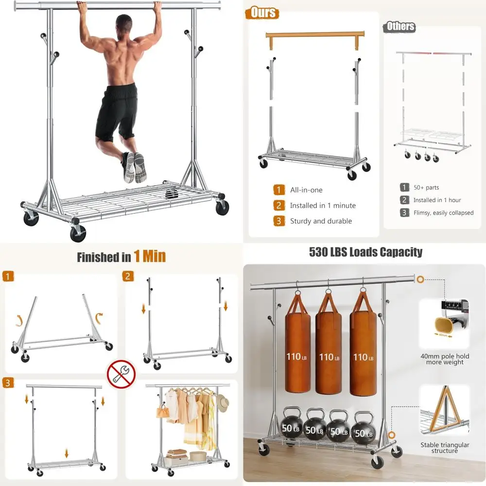 Appendiabiti in metallo resistente con capacità di 530 libbre, può contenere 200 pezzi, pieghevole, portaoggetti portatile con ruote