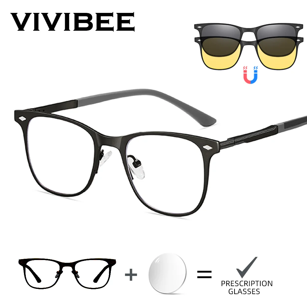 VIVIBEE Pilot Customized Magnetic Clip on Prescription Glasses Titanium Aviation Polarized Sunglasses Business Eyeglasse Myopia