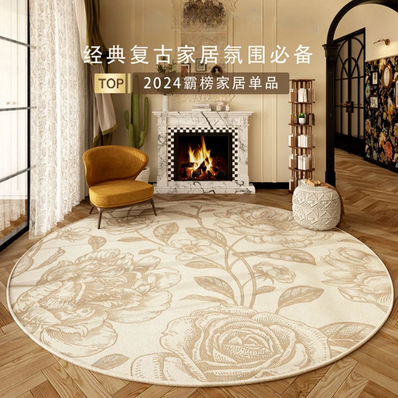 

French Retro Carpets for Living Room Light Luxury Round Floral Carpet Plain Color Bedroom Decor Bedside Rug Home Soft Thick Mat