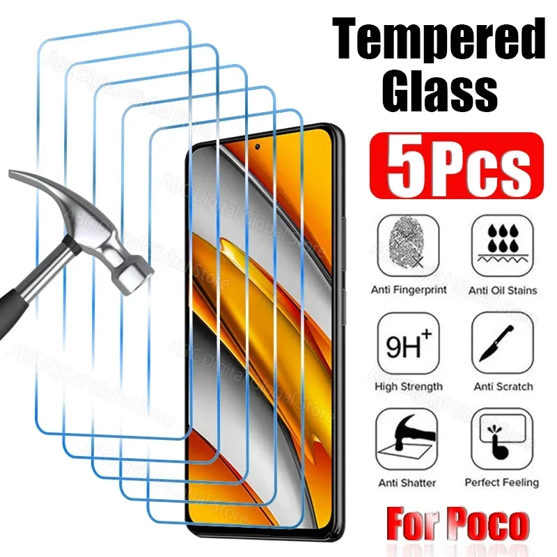 5PCS Tempered Glass for Poco F5 X5 X4 X3 F2 Pro Screen Protector for Poco M4 M3 Pro 5G F3 F4 X3 X4 GT M5 M5S X3 NFC Glass