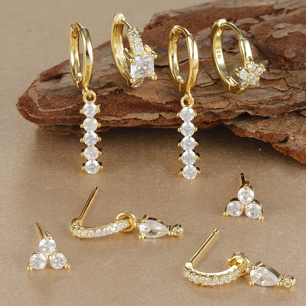 4PCS Simple Crystal Zirconia Square Dangle Earrings Set For Women Korean Stainless Steel Pendant Stud Earring Piercing Jewelry