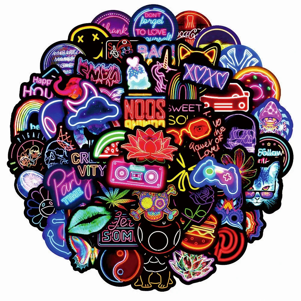 10/30/50/100PCS Neon Light Cool Cartoon Graffiti Waterproof Sticker Creative Decoration Refrigerator Skateboard Helmet Wholesale