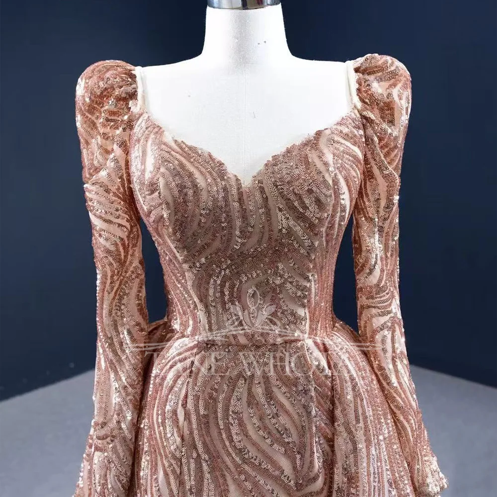 Vestido de fiesta de lujo para mujer, escote en forma de corazón de cristal con lentejuelas, manga larga, con cordones en la espalda, sirena de noche dorada personalizada