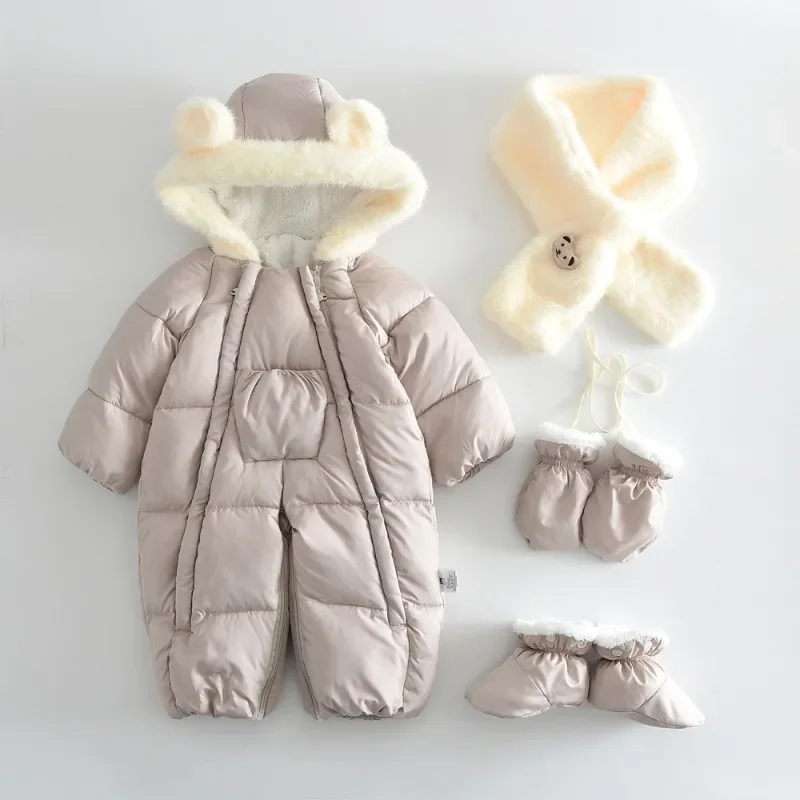 4-teiliges Set BELLBELL Winter-Strampler für Neugeborene Mädchen + Schal + Handschuhe + Schuhe, Outfit mit Kapuze, Plus Samt, warm, für Säuglinge, Babys, Mädchen, Jumpsuits – Detail 10