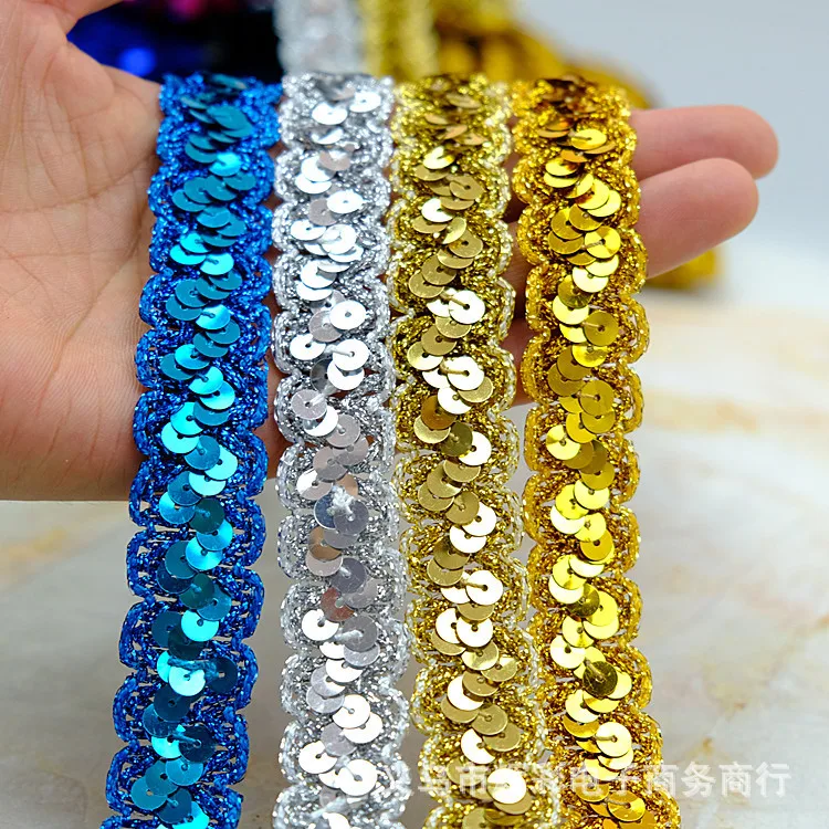 13 Yards Sequin Lace Braided Wave Striped S-shaped Bead Ribbon Ethnic Dance Costume Accessories 2.3CM Wide