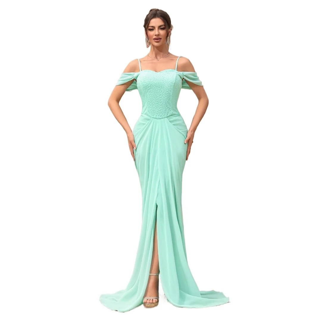 

Sexy Spaghetti Straps Off Shoulder Ruched Split Mermaid Long Formal Evening Dress Green