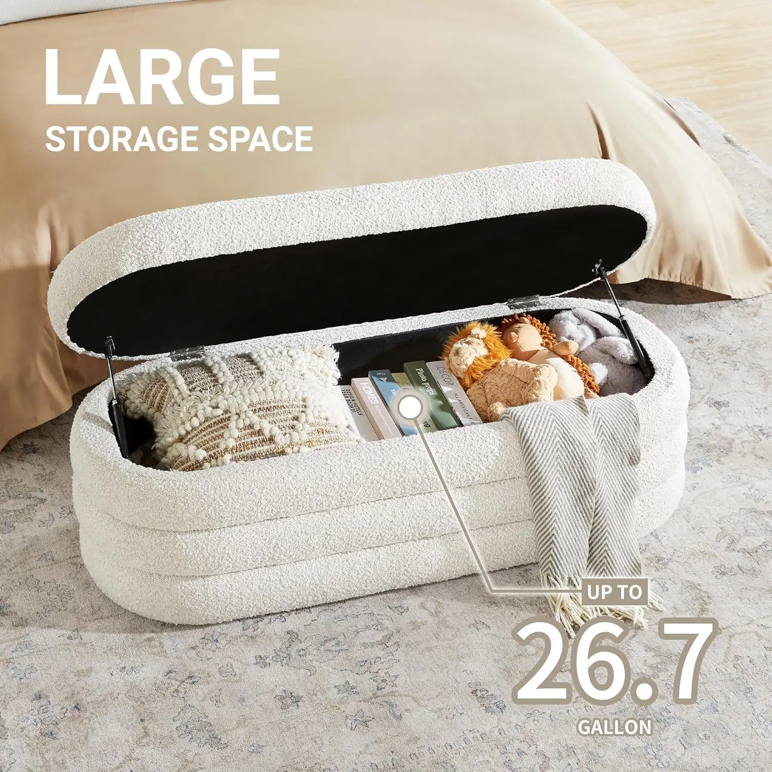 Storage Ottoman Bench 49.2 Inch Upholstered Fabric Storage Bench for Bedroom End of Bed Aesthetic Large Oval Storage Ottoman