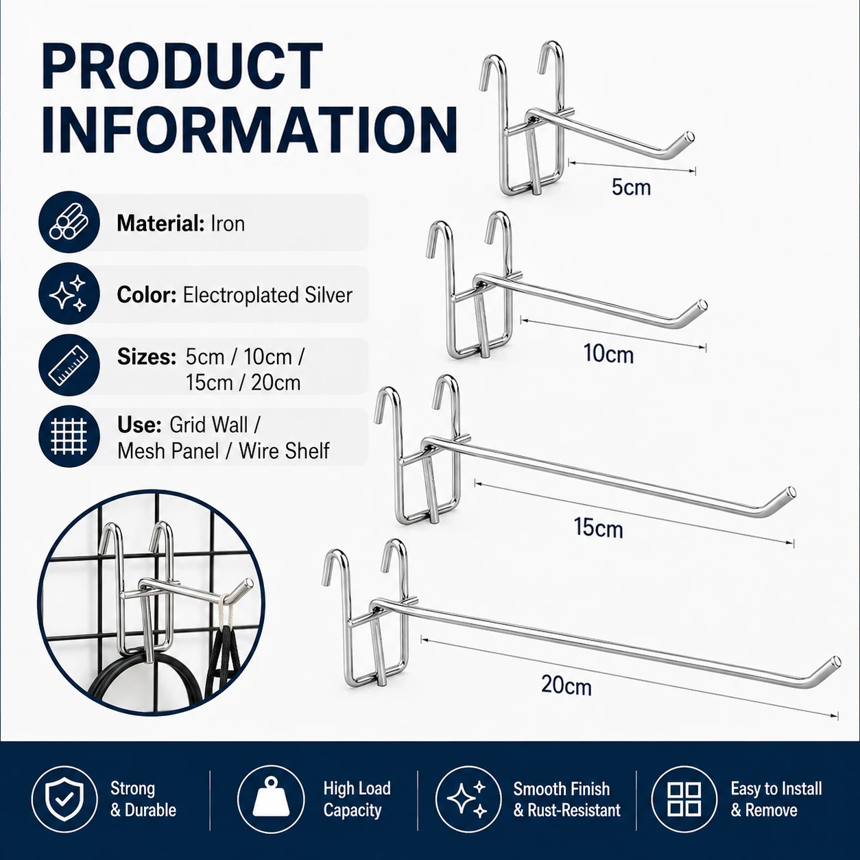 5-25Pcs 5-20cm Heavy Duty Mesh Grid Hooks, Iron Display Rack Hangers Supermarket Garage Wire Panel Hooks