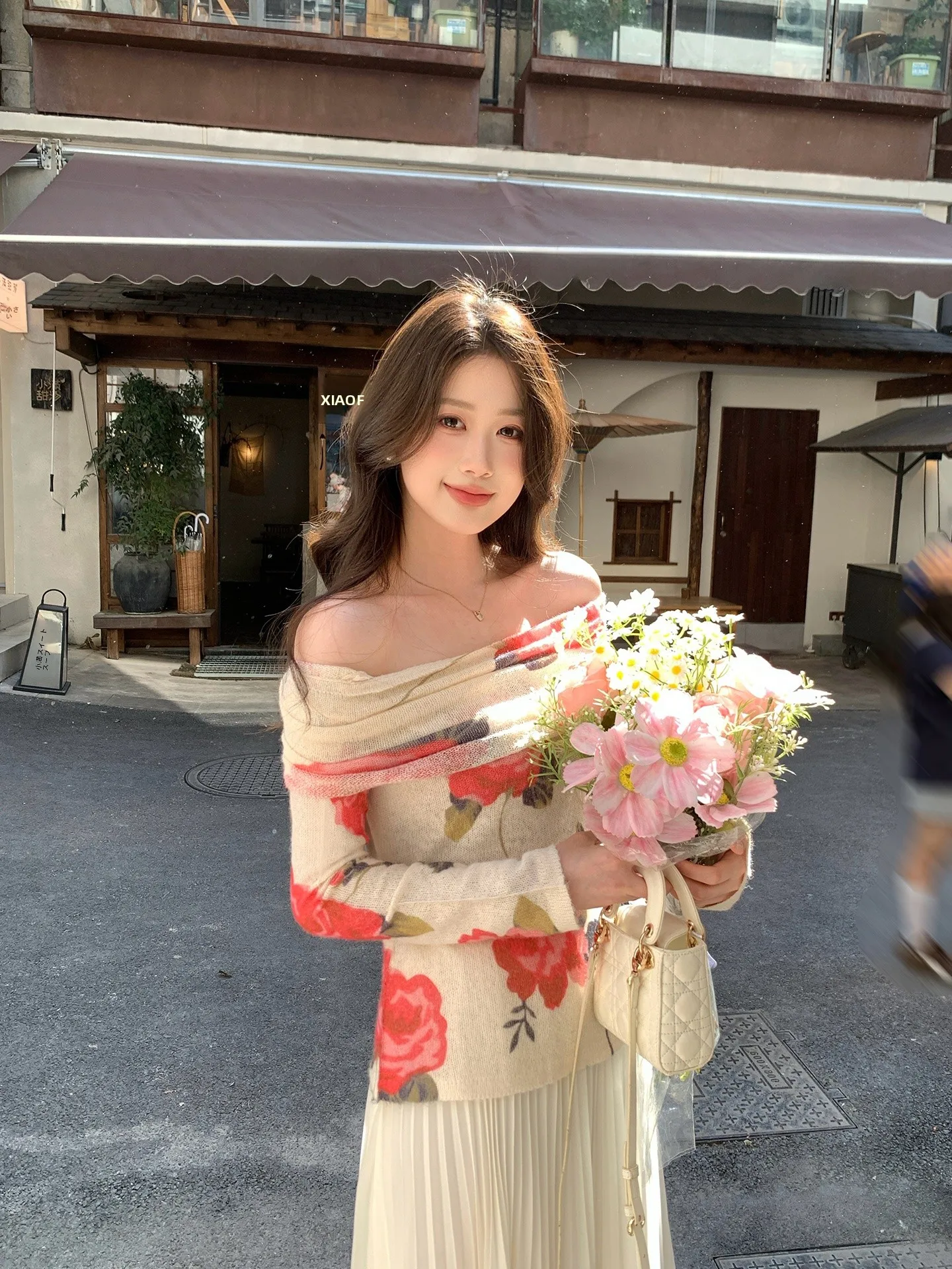 

Romantic Rose Print Knitted One-Shoulder Top Women's Fashion Spring New Style Soft Polyester Fiber Long Sleeve Elastic Fit