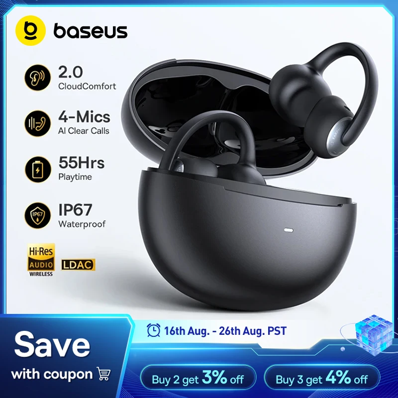 【¥9,796】Baseus Bowie MC2 オープンイヤーワイヤレスイヤホン ブラック 特別割引-アリエク特価アラート