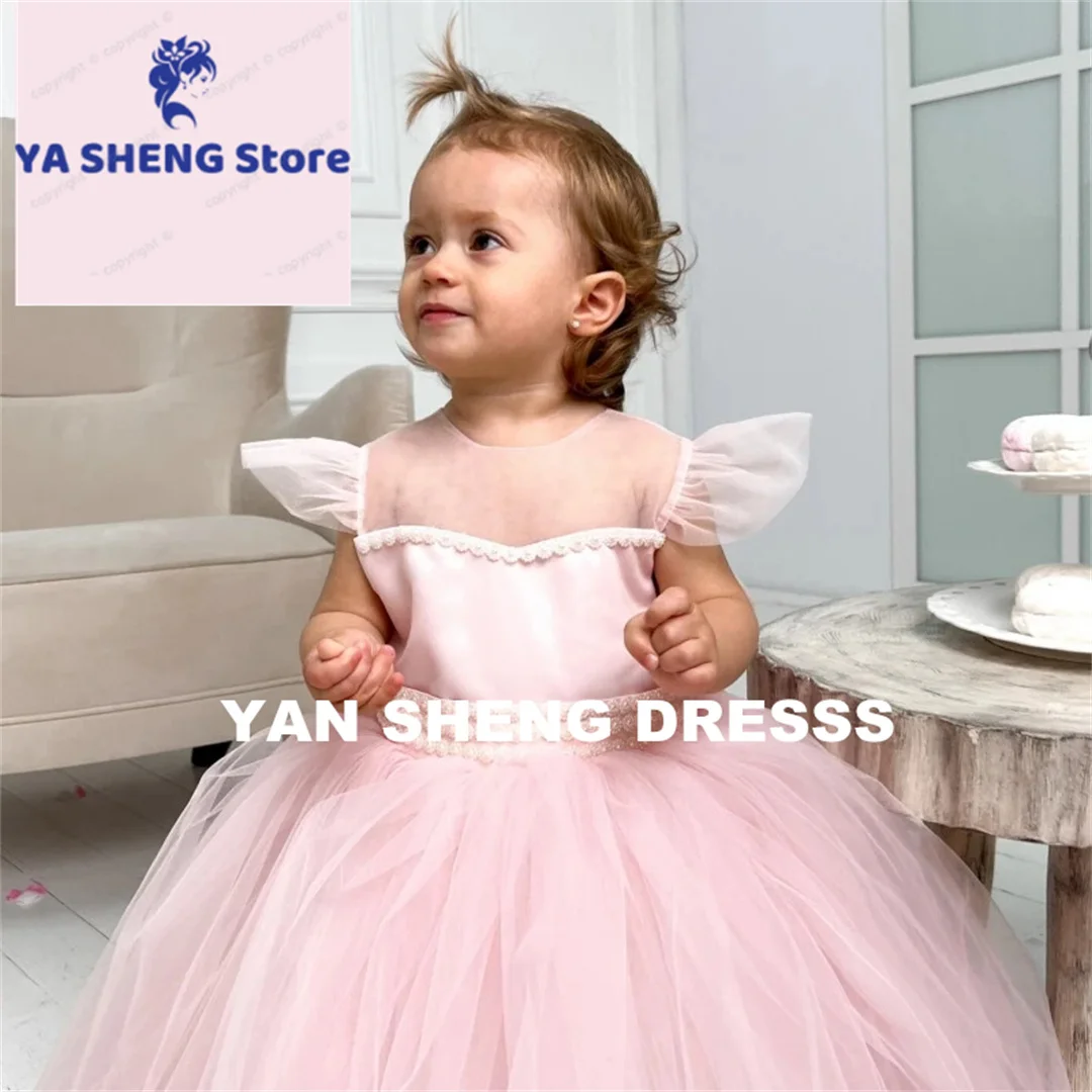 Sukienki dla Druhenek z Kwiatami, Różowe Tiulowe Bufiaste Sukienki z Perłami i Kokardą, Krótki Rękaw na Wesela, Urodziny, Pierwszą Komunię Świętą