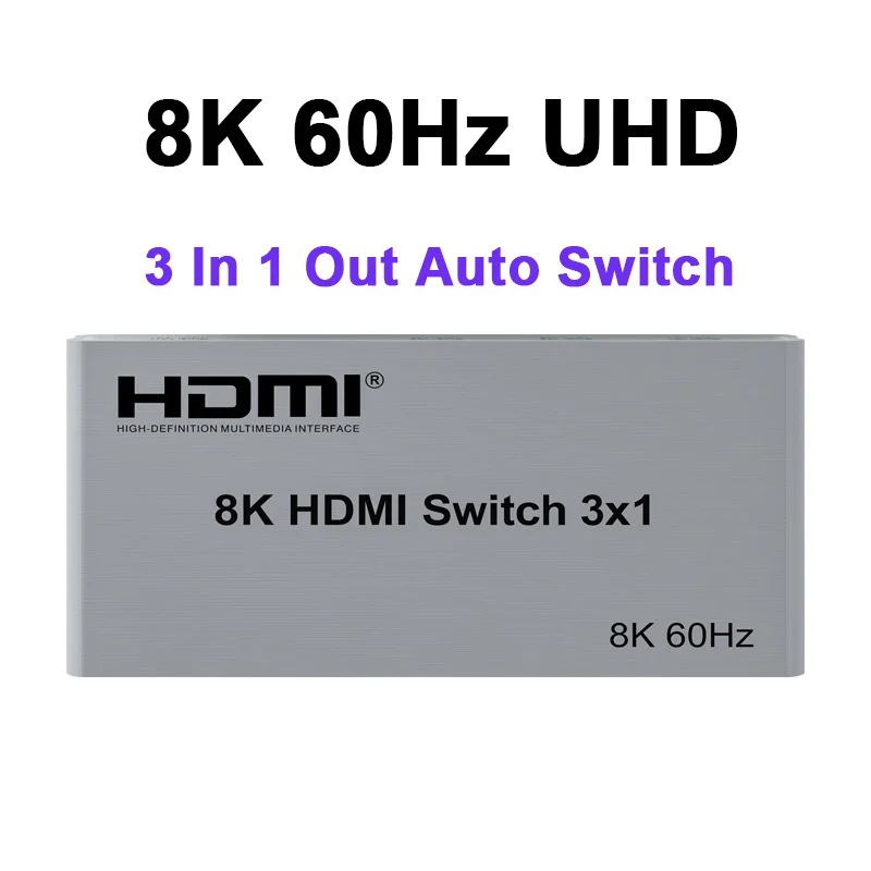 8K 60Hz 3 Ports HDMI Auto Switcher 4K@144Hz 3 in 1 Out Auto Cycle Switch 8k 3x1 Video Switcher HDR for XBox Laptop To TV Monitor
