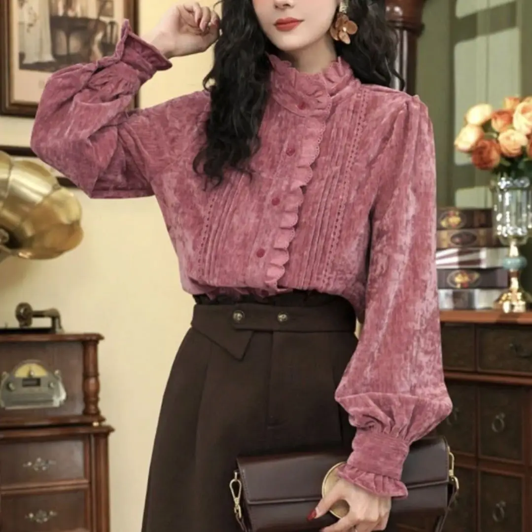 

Retro Ruffle-edged Long-sleeved Shirt for Women in Autumn and Winter Solid Color Stand Collar Long-sleeved Button Cardigan Top