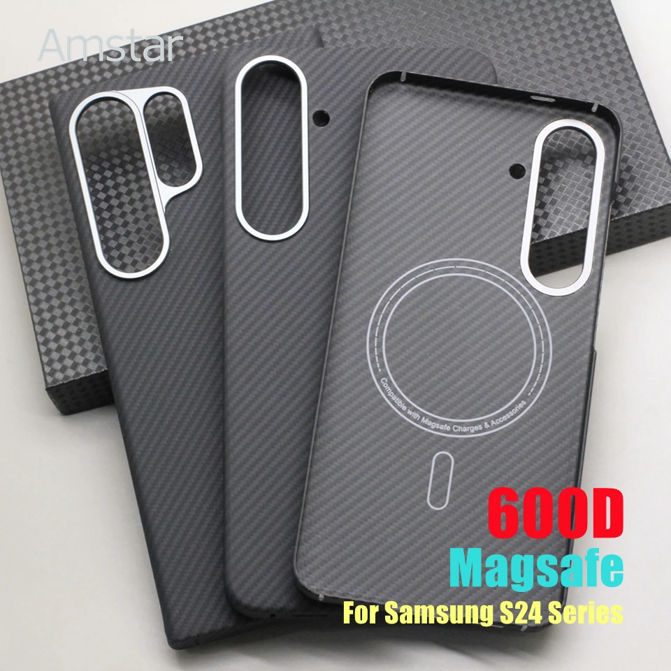 Amstar 600D Magnetic Carbon Fiber Phone Case for Samsung Galaxy S24 Ultra S24Plus Support Magsafe Charges Aramid Fiber Cover