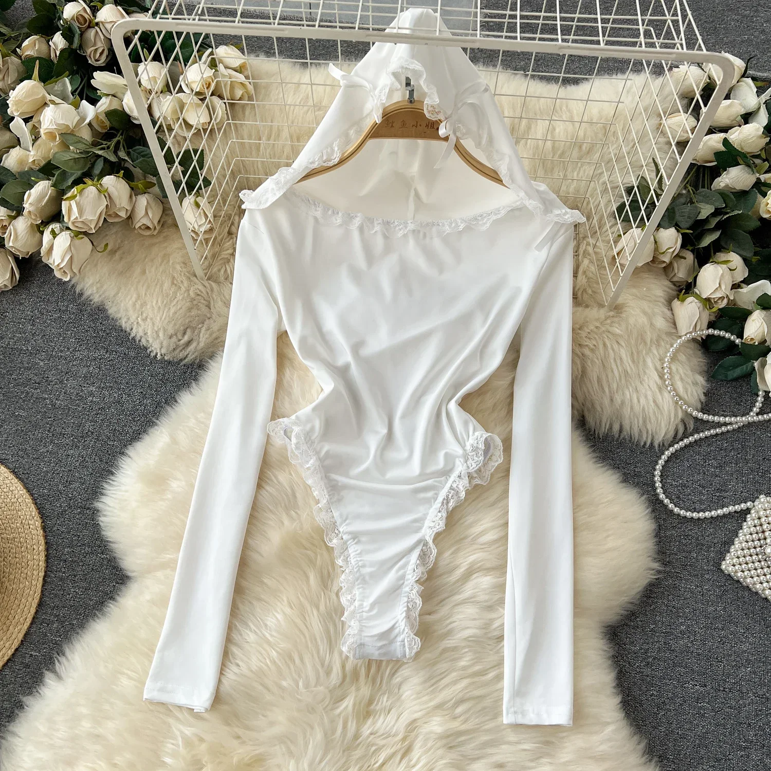 Hotsweet Hooded Elegant Long Sleeves Chic Lace Floral Border T-shirts Bodysuits Top Sexy High Street Autumn Basics Jumpsuit