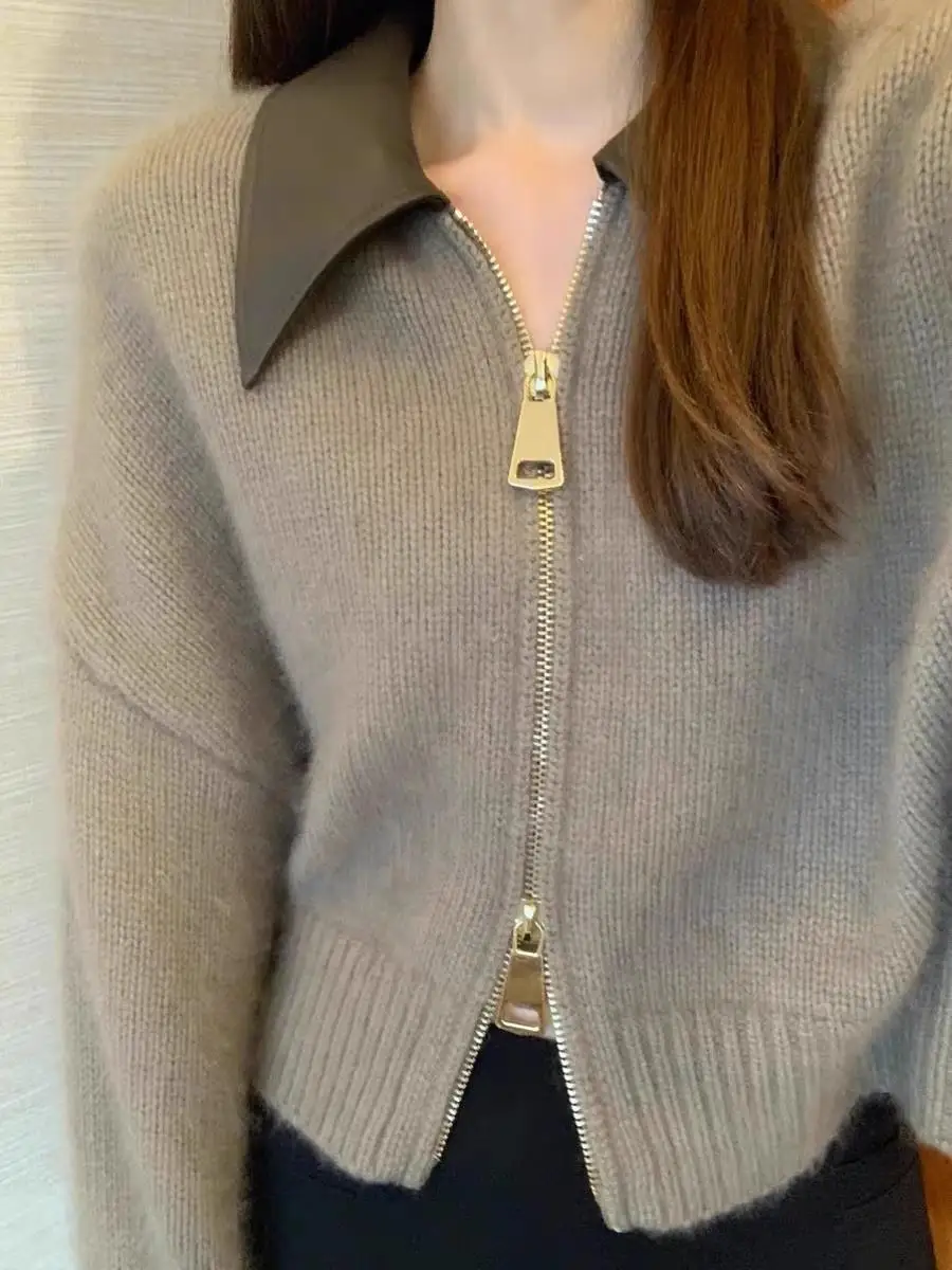 트렌디한 스플라이스 가죽 칼라 더블 지퍼 니트 스웨터 여성용 가을 겨울 신상 슬레 엘리 탑 코트 단색