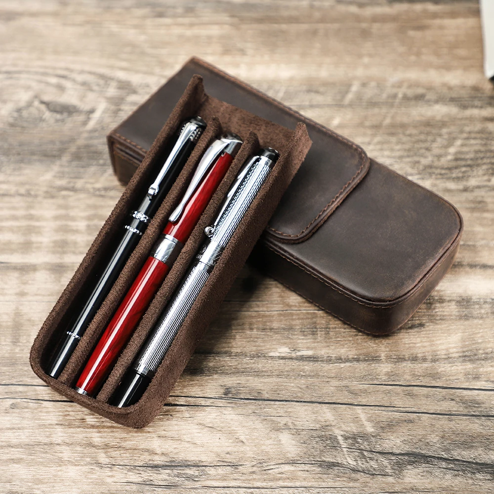 Crazy Horse Leather Pen Case 3 Slots Magnetic Button Pencil Cases School Bag Pen Pouch Box Office Stationery Vintage Style