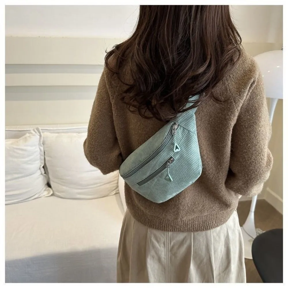 Modische Große Hüfttasche aus Braunem Cord, Diebstahlsichere Brusttasche, Umhängetasche für Damen – Detail 11