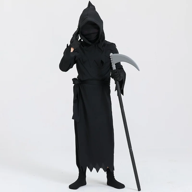 Halloween Party Cosplay Children Death Ghost Costume Black Hooded Cloak Scary Grim Reaper Scythe Costume Prop Set Kids Gifts