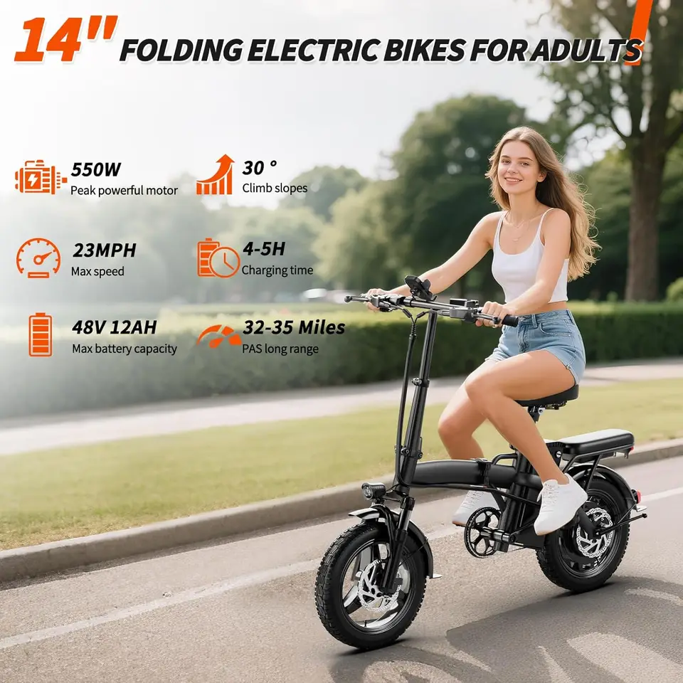 Folding Electric Bike for Adults, 14" Ebike 550W Peak Motor, 23MPH | 35Miles PAS Range | 48V12Ah Removable Battery | Commuter Fo image 2