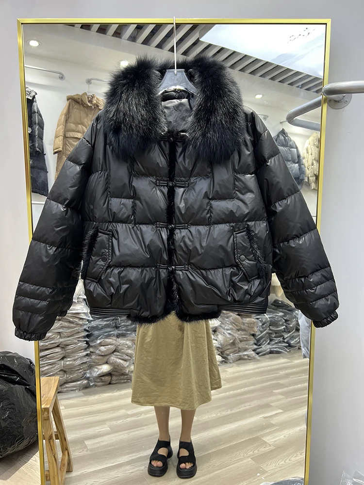 2022 Real Fox Fur Collar Winter Women 90%White Duck Down Jacket Ladies Short Warm Puffer Coat Female Loose Vintage Down Parka