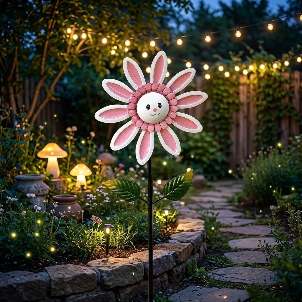 Metal Bunny Flower Garden Stake with Rabbit Face and Blooms for Lawn Garden Pathway Decoration Pink 110cm Height