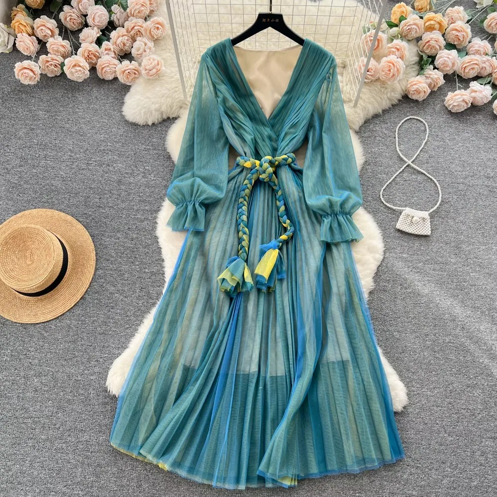 Retro Elegancka plisowana sukienka szyfonowa z dekoltem w szpic z długim rękawem French High Street Casual High Waist Dress Women Summer Dress — zdjęcie 4