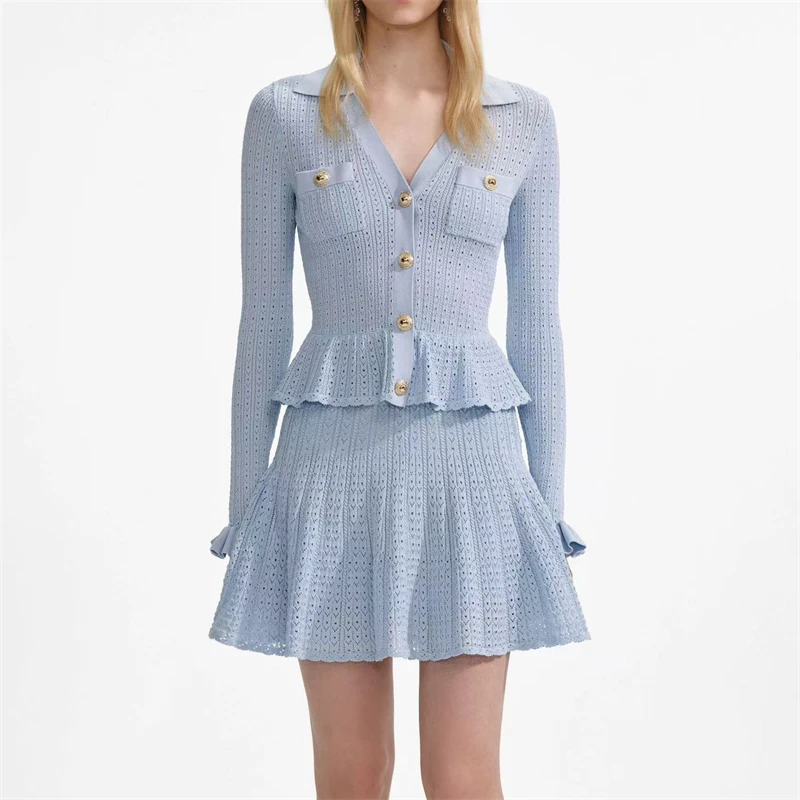 

A new summer women's V-neck knitted ruffled patchwork long-sleeved dress 2k high-quality fashionable and casual mid-length dress