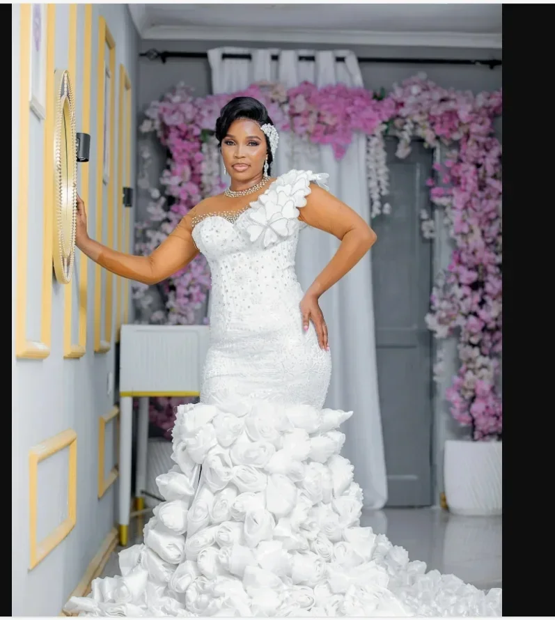 Customized African Illusion High Collar Sparkly Beads Crystals  Wedding Dress High Slit Handmade Flowers Bridal Gowns